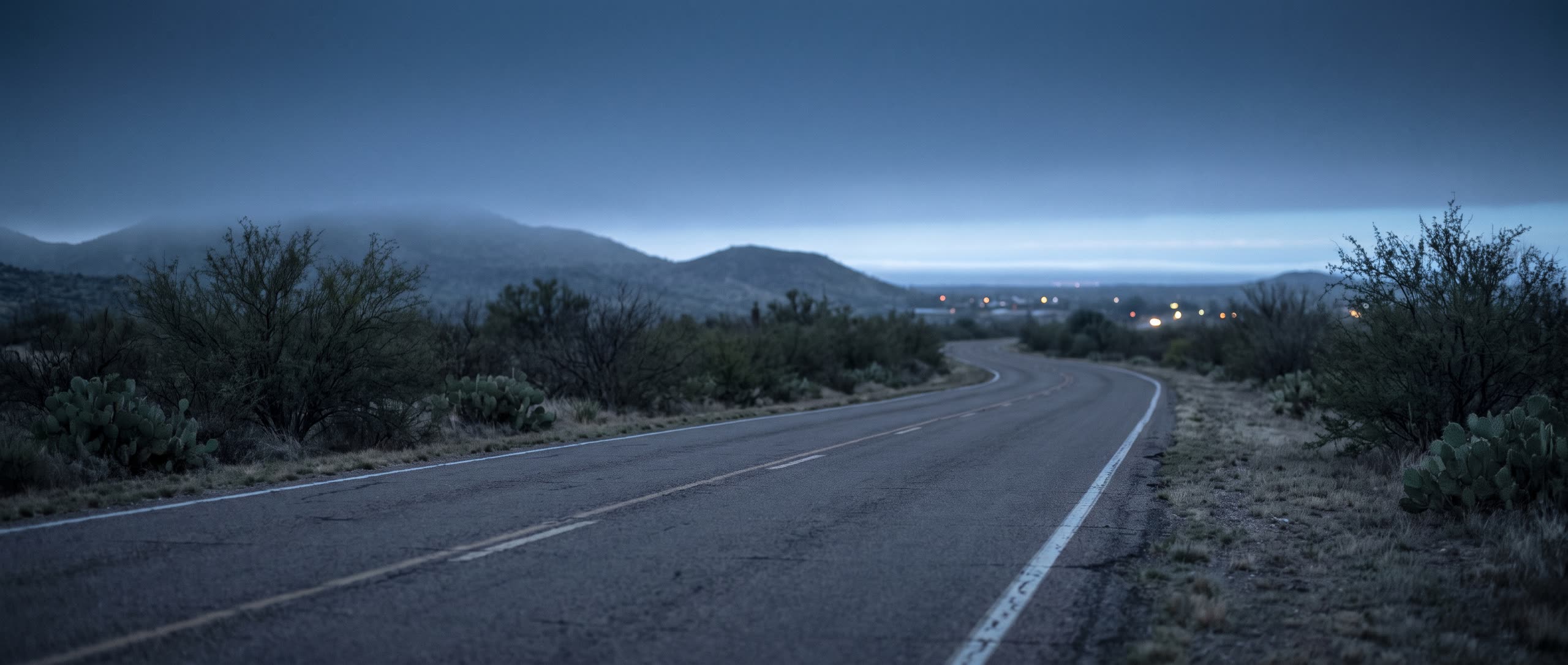 A road at dusk, on the way back