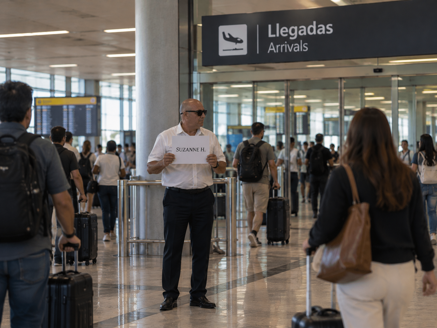 A driver waits holding a sign in an airport arrivals hall, among passengers coming out