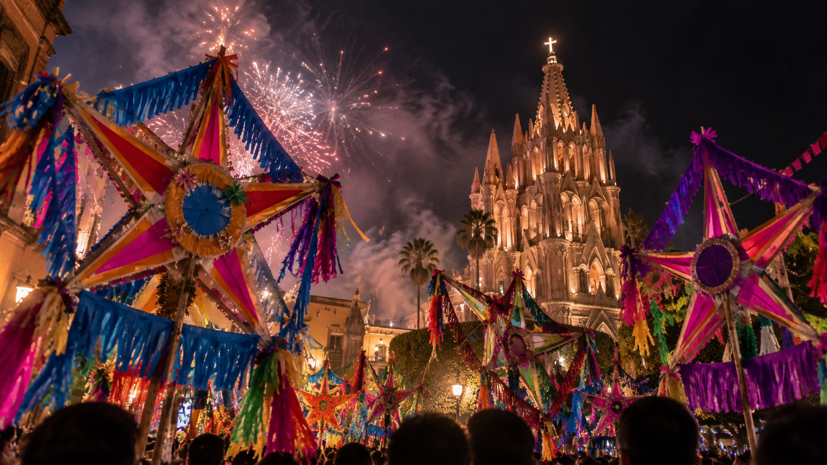 Coloured paper stars and fireworks over the parish church of San Miguel Arcángel, at night