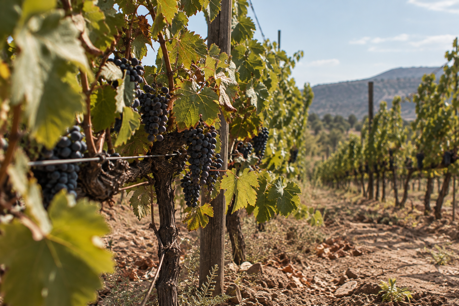 Bunches of grapes on a vine, with rows of vineyard and hills behind
