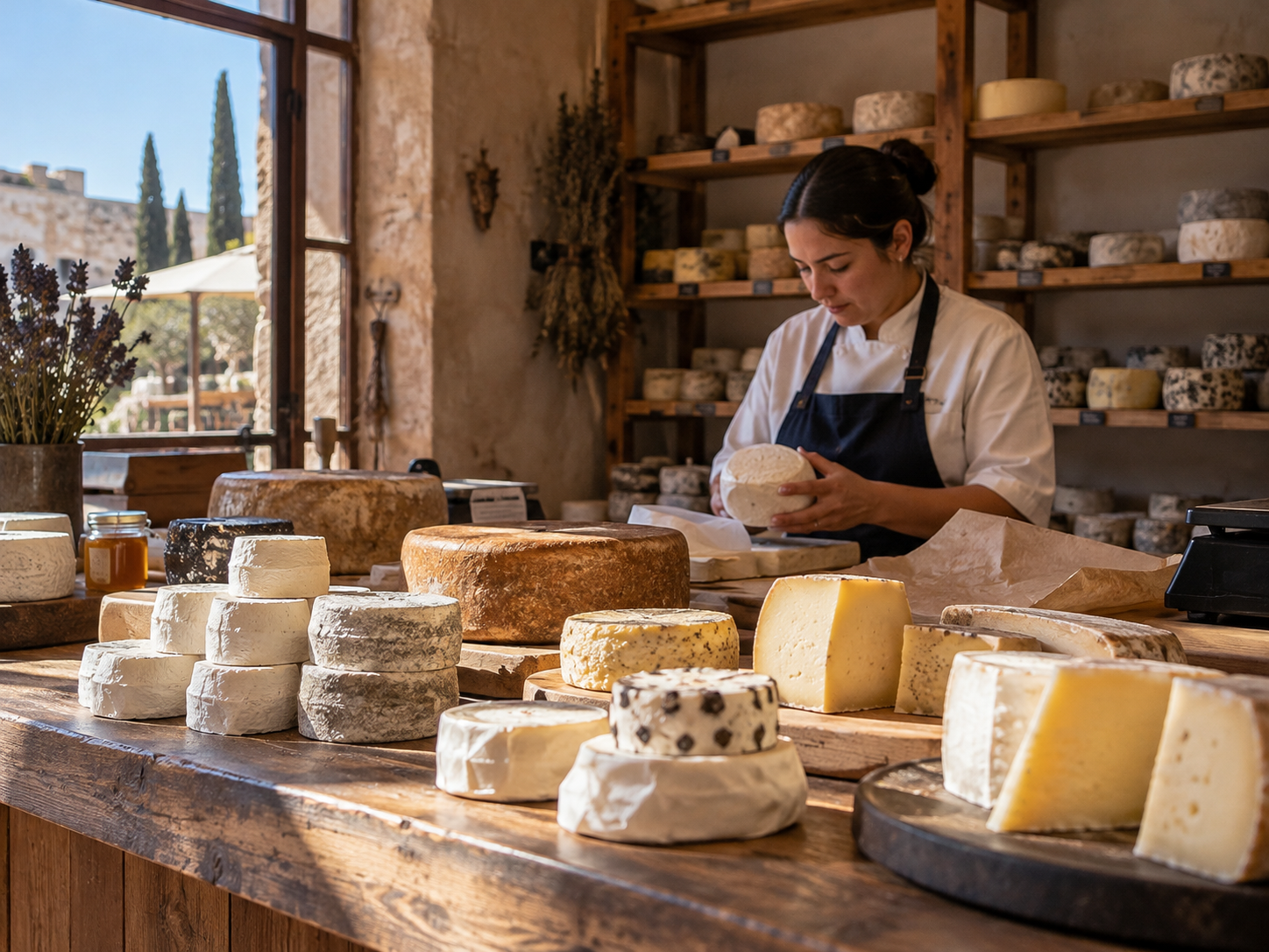 A person cuts cheese on a wooden table, with cheeses maturing on shelves