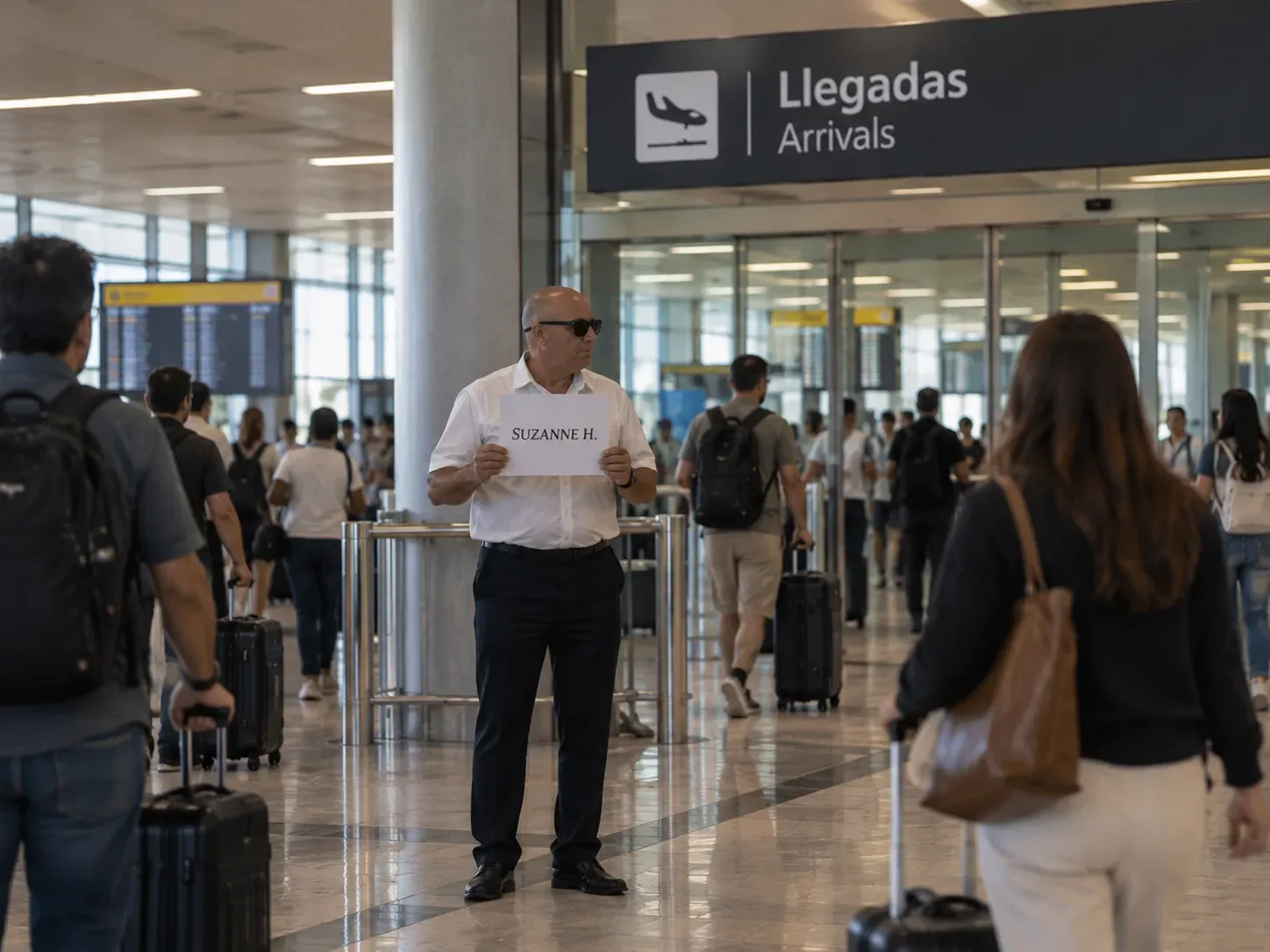 A driver waits holding a sign in an airport arrivals hall, among passengers coming out