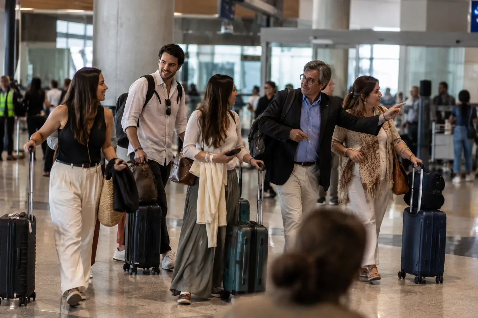 Wedding guests arrive at the airport