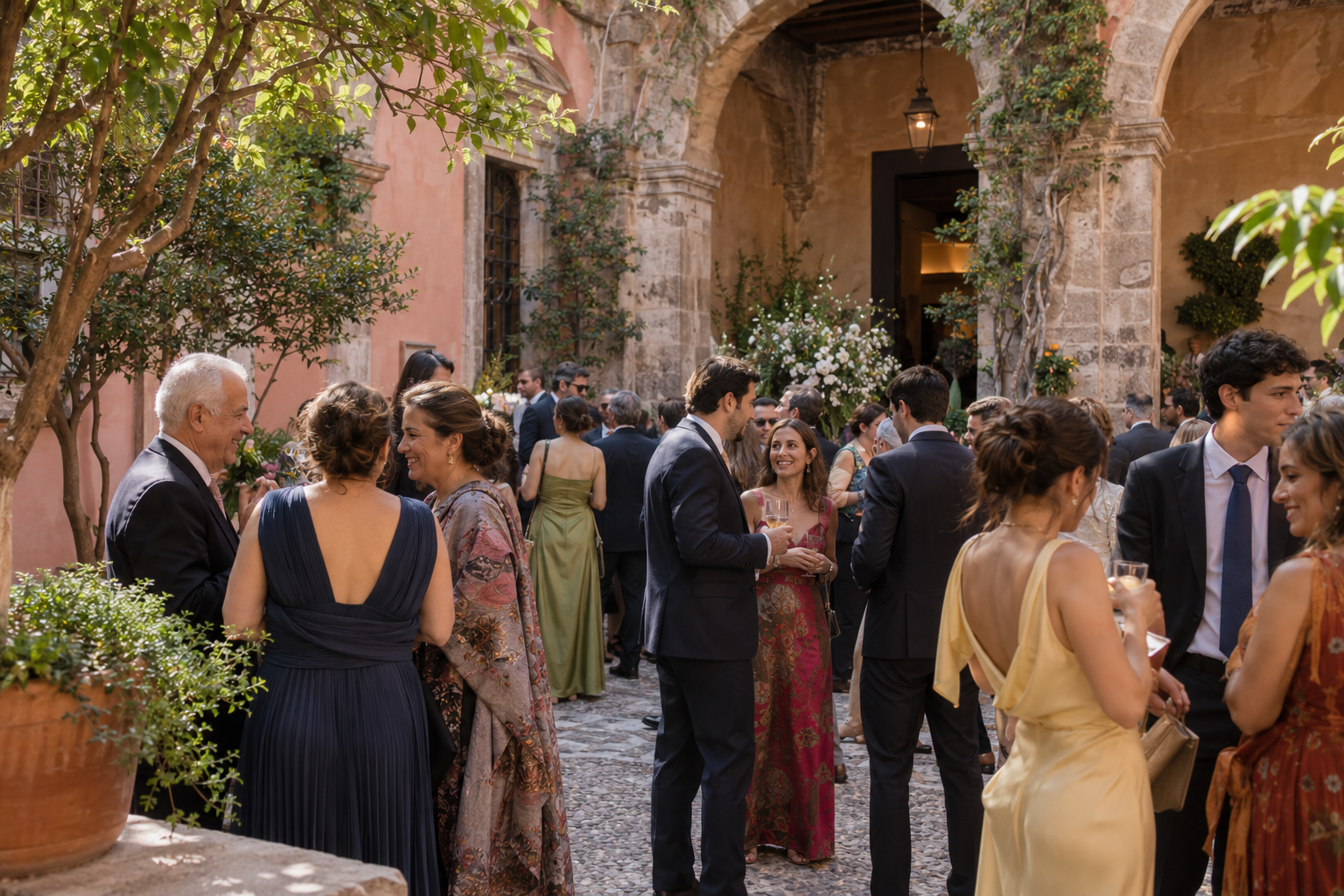 Guests talk in a stone courtyard with arches and trees